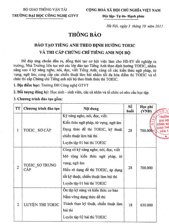 Thông báo đào tạo Tiếng anh theo định hướng Toeic và thi cấp chứng chỉ tiếng anh nội bộ