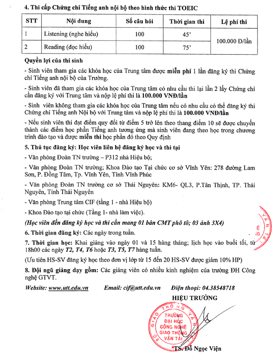Thông báo đào tạo Tiếng anh theo định hướng Toeic và thi cấp chứng chỉ tiếng anh nội bộ