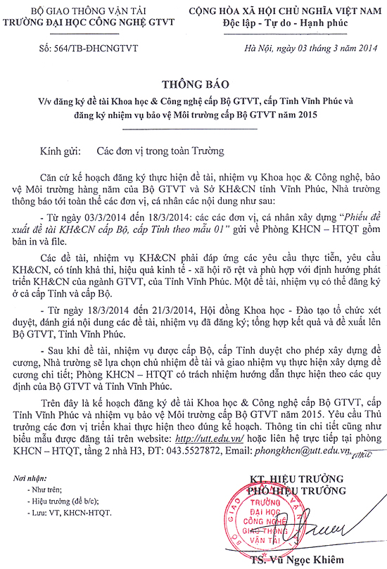 Đăng ký đề tài KHCN năm 2015