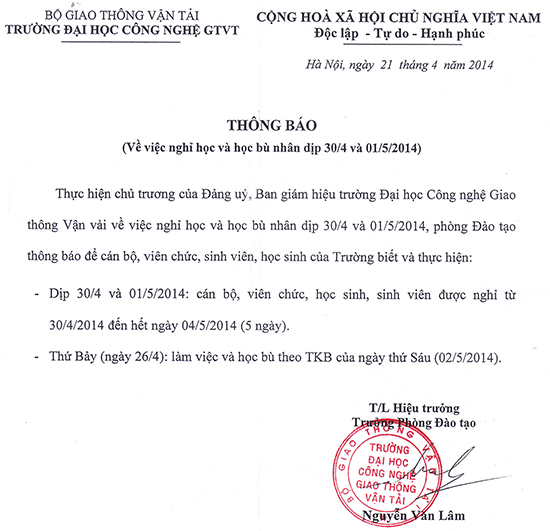 Thông báo nghỉ dịp 30/4