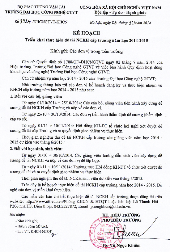 Kế hoạch triển khai thực hiện đề tài NCKH cấp toàn trường năm học 2014 - 2015