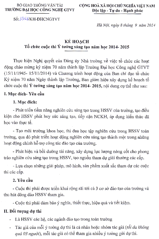 Kế hoạch tổ chức cuộc thi Sáng tạo trẻ năm học 2014-2015