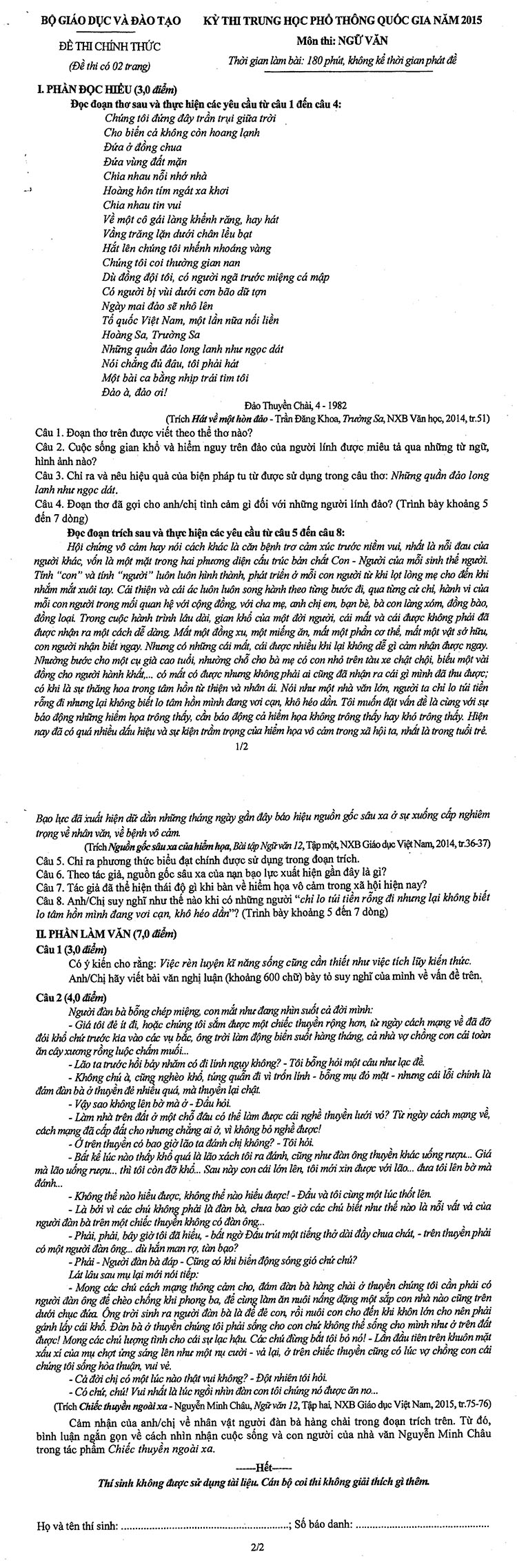 Đề thi môn Ngữ văn kỳ thi tốt nghiệp THPT Quốc gia năm 2015