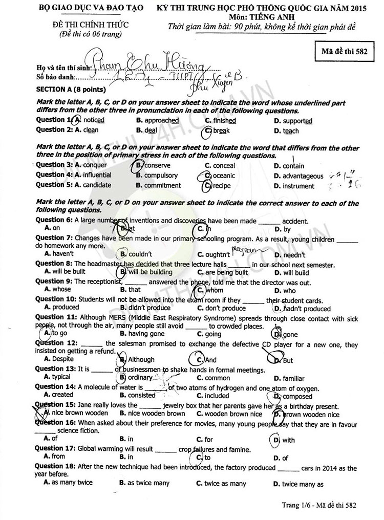 Đề thi và Đáp án môn Ngoại ngữ kỳ thi tốt nghiệp THPT Quốc gia năm 2015