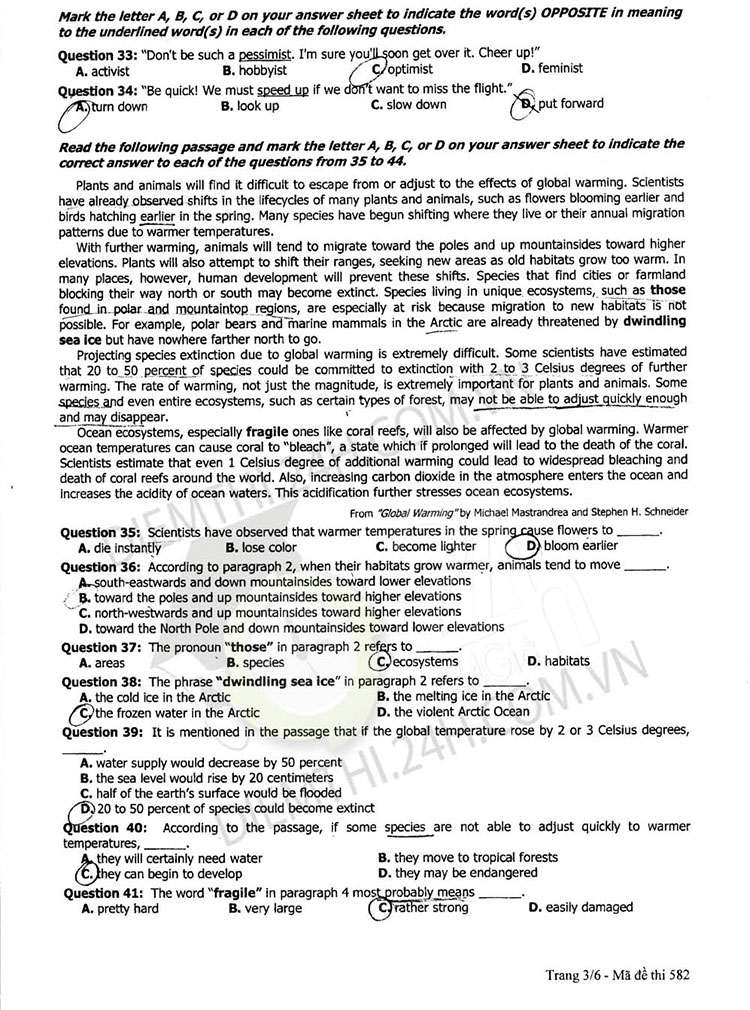Đề thi và Đáp án môn Ngoại ngữ kỳ thi tốt nghiệp THPT Quốc gia năm 2015