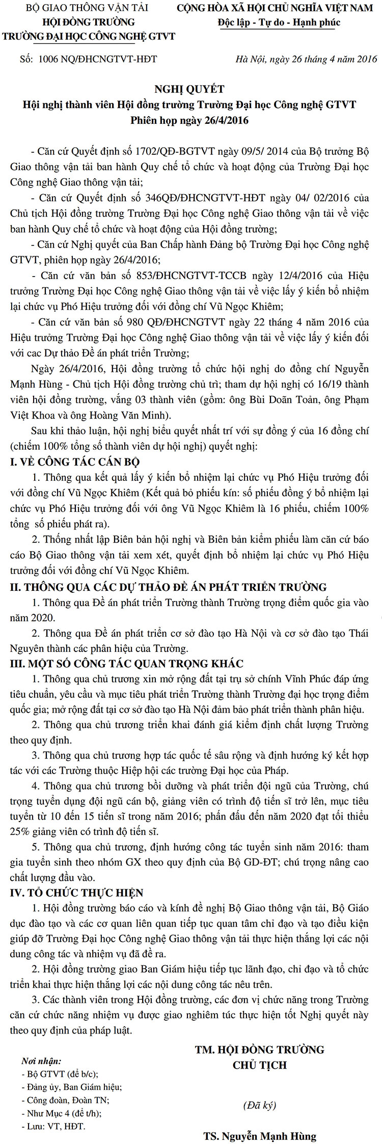 hội đồng trường, utt, công nghệ gtvt