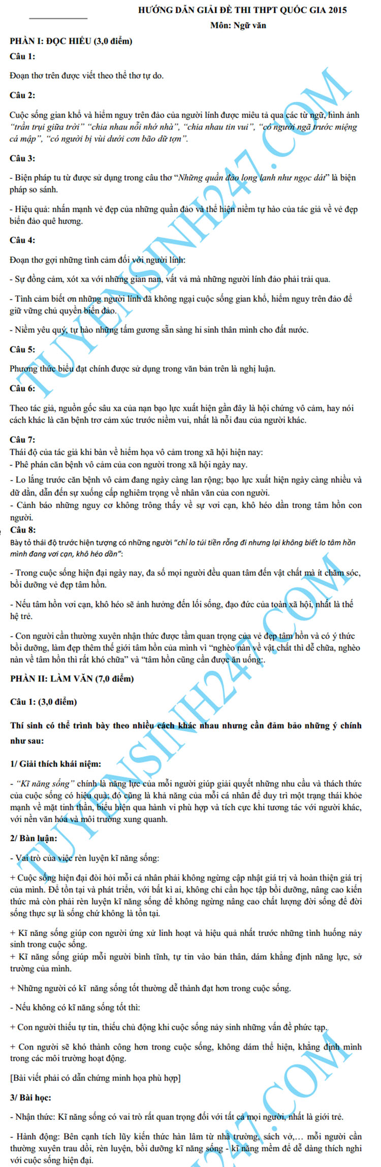 Đề thi & Hướng dẫn giải môn Ngữ văn kỳ thi tốt nghiệp THPT Quốc gia năm 2015