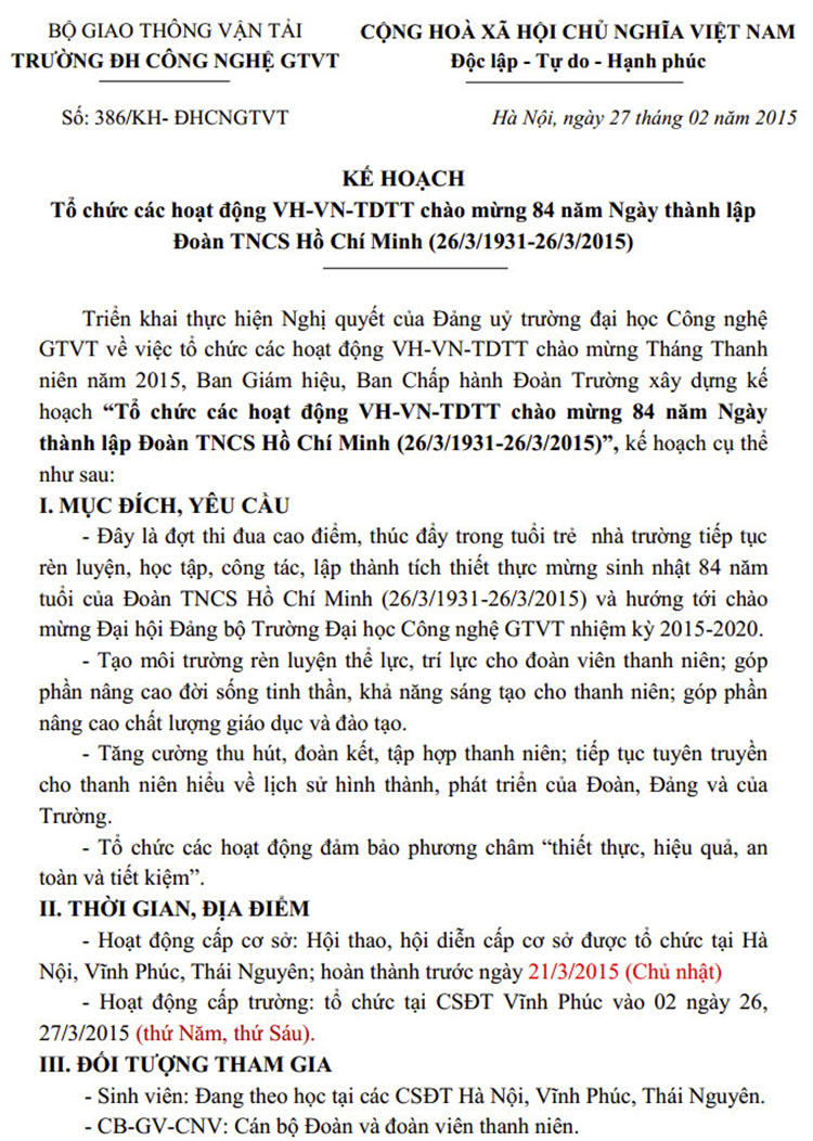 Kế hoạch tổ chức các hoạt động VH-VN-TDTT chào mừng 84 năm Ngày thành lập Đoàn TNCS Hồ Chí Minh