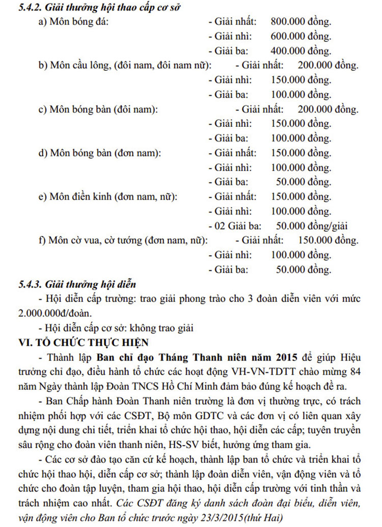 Kế hoạch tổ chức các hoạt động VH-VN-TDTT chào mừng 84 năm Ngày thành lập Đoàn TNCS Hồ Chí Minh