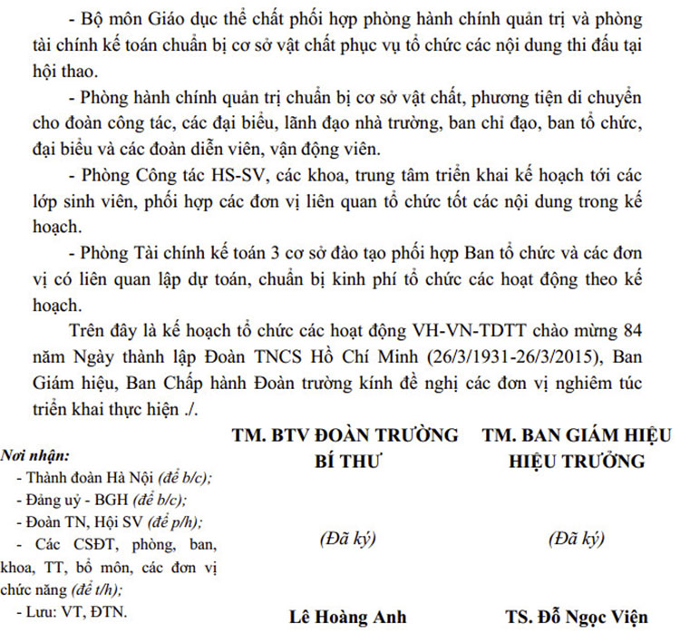 Kế hoạch tổ chức các hoạt động VH-VN-TDTT chào mừng 84 năm Ngày thành lập Đoàn TNCS Hồ Chí Minh