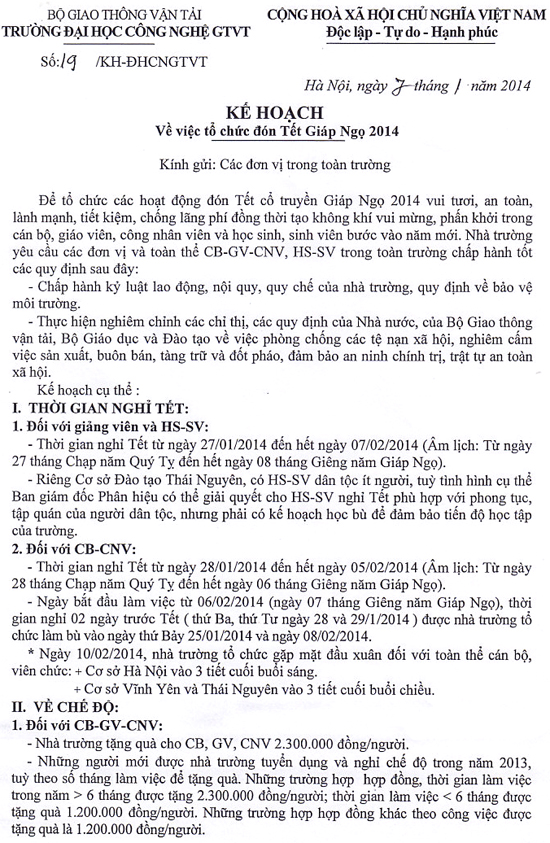 Kế hoạch nghỉ tết Giáp ngọ 2014