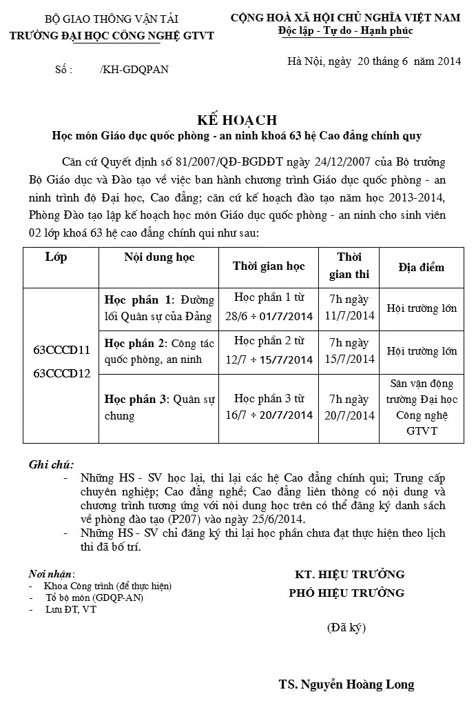 Kế hoạch học môn Giáo dục quốc phòng an ninh K63 Cao đẳng