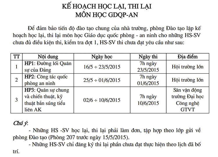 Kế hoạch Học lại, thi lại môn học GDQP-AN năm 2015