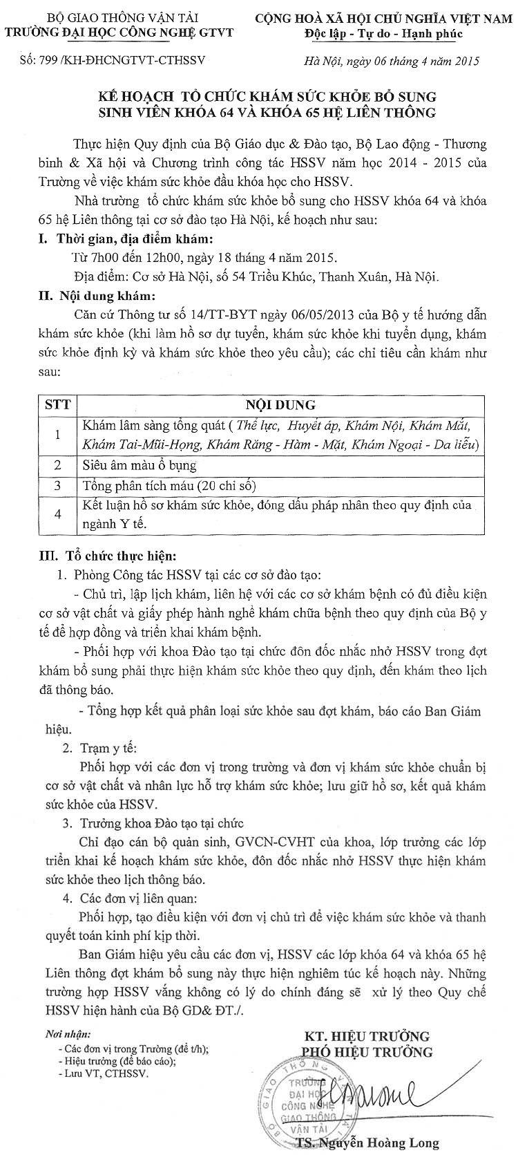 Kế hoạch tổ chức khám sức khỏe bổ sung sinh viên Khóa 64 và Khóa 65 Hệ liên thông