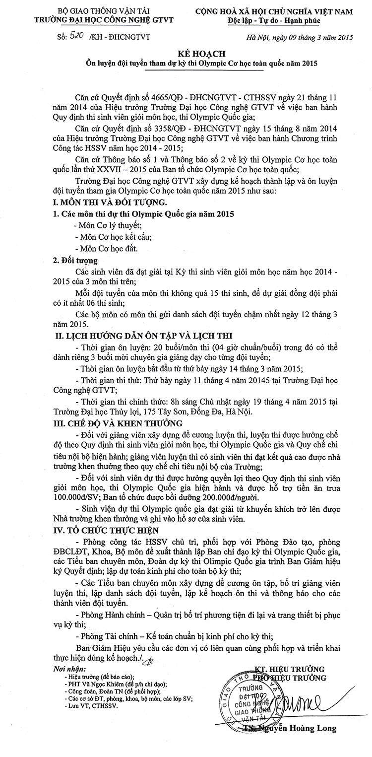 Kế hoạch Ôn luyện đội tuyển tham dự kỳ thi Olympic Cơ học toàn quốc năm 2015