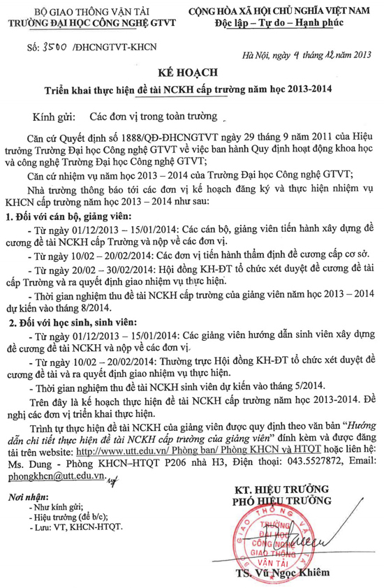 Kế hoạch thực hiện đề tài NCKH cấp trường năm học 2013-2014