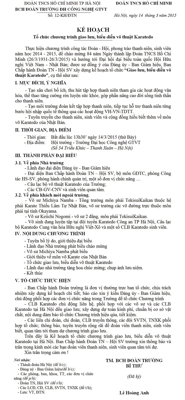Kế hoạch Tổ chức chương trình giao lưu, biểu diễn võ thuật Karatedo