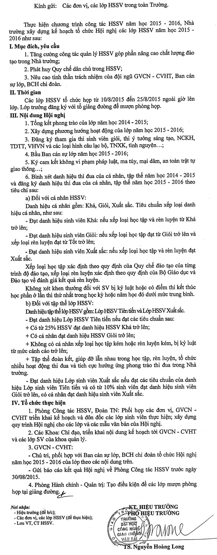 Kế hoạch Tổ chức hội nghị các lớp sinh viên năm học 2015 - 2016