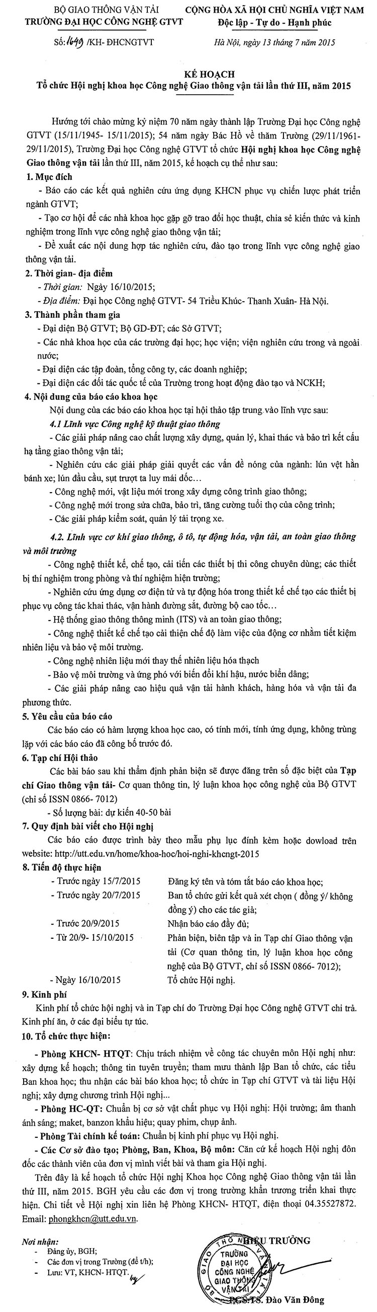 Kế hoạch tổ chức Hội nghị khoa học Công nghệ GTVT lần thứ III năm 2015