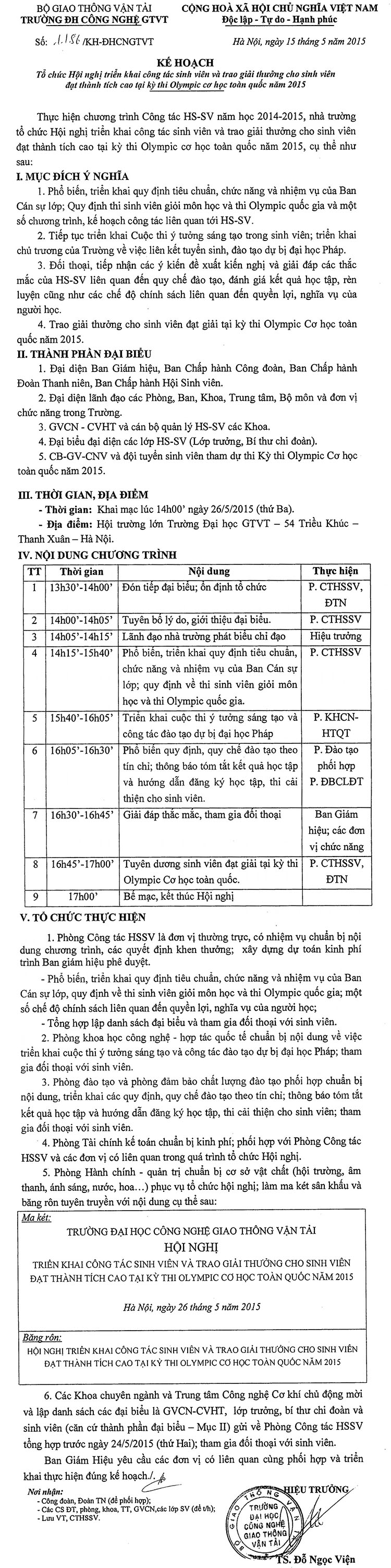 Kế hoạch Tổ chức Hội nghị triển khai công tác sinh viên và trao giải cho sinh viên đạt thành tích cao tại kỳ thi Olympic cơ học toàn quốc năm 2015