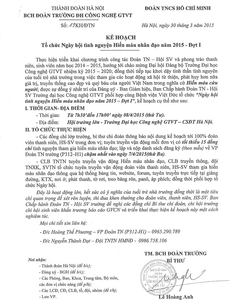 Kế hoạch Tổ chức Ngày hội tình nguyện Hiến máu nhân đạo năm 2015 - Đợt I