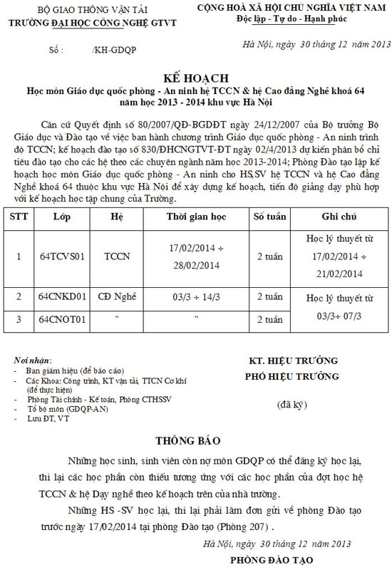Kế hoạch học môn GDQP-AN cho hệ TCCN năm học 2103-2014