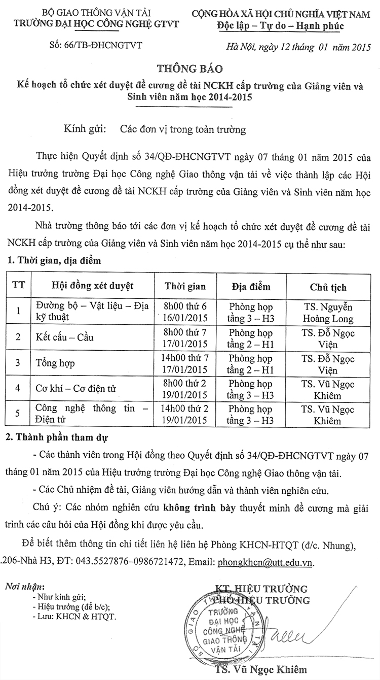 Kế hoạch tổ chức xét duyệt đề cương đề tài NCKH cấp trường của Giảng viên và Sinh viên năm học 2014-2015