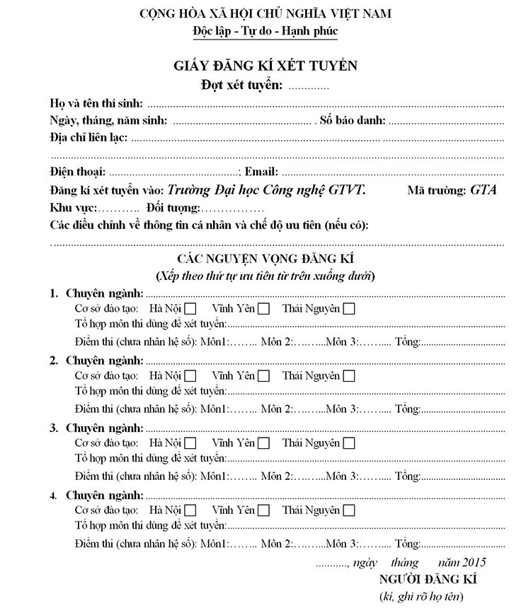 Mẫu phiếu đăng ký xét tuyển đại học chính quy năm 2015