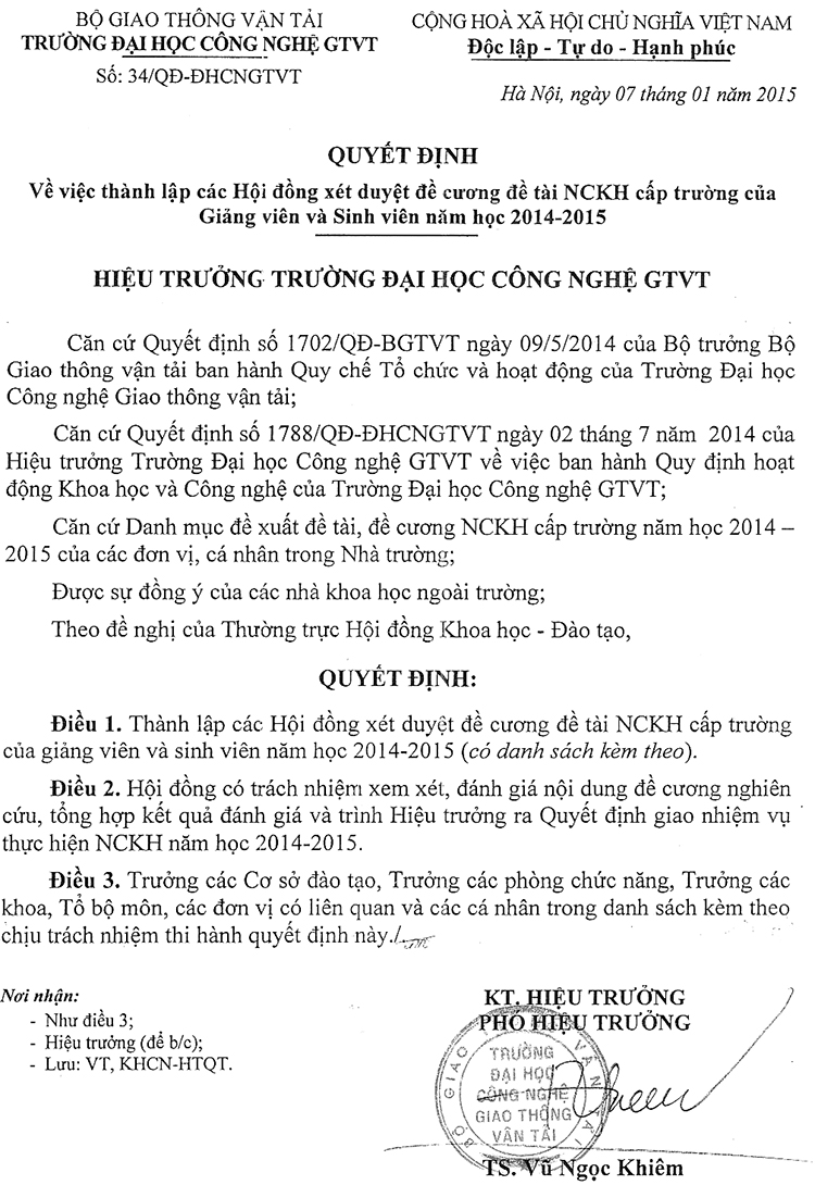 Quyết định thành lập các Hội đồng xét duyết đề cương đề tài NCKH cấp trường của Giảng viên và Sinh viên năm học 2014-2015