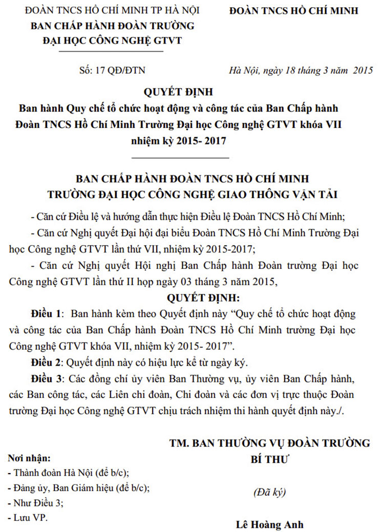 Quy chế Tổ chức hoạt động và công tác của ban chấp hành đoàn TNCS Hồ Chí Minh - Khoa VII nhiệm kỳ 2015 - 2017