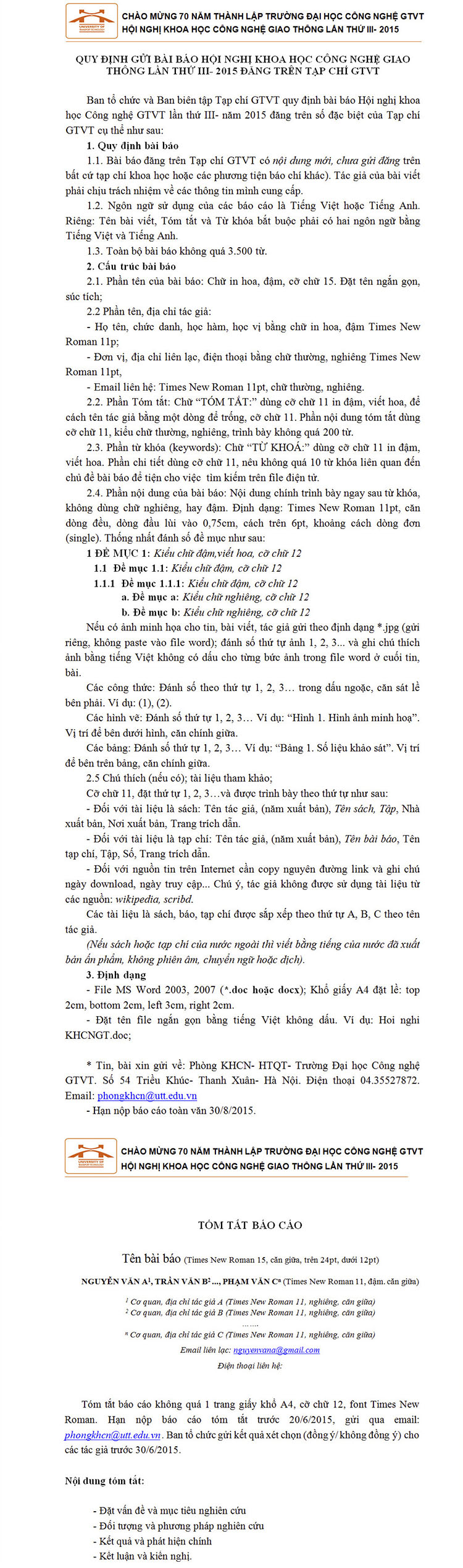 Quy định Gửi bài báo hội nghị khoa học công nghệ giao thông 2015