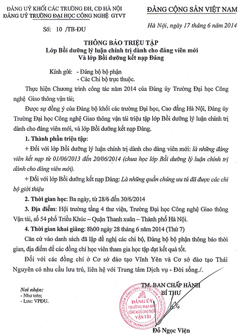 Thông báo lớp cảm tình đảng 2014
