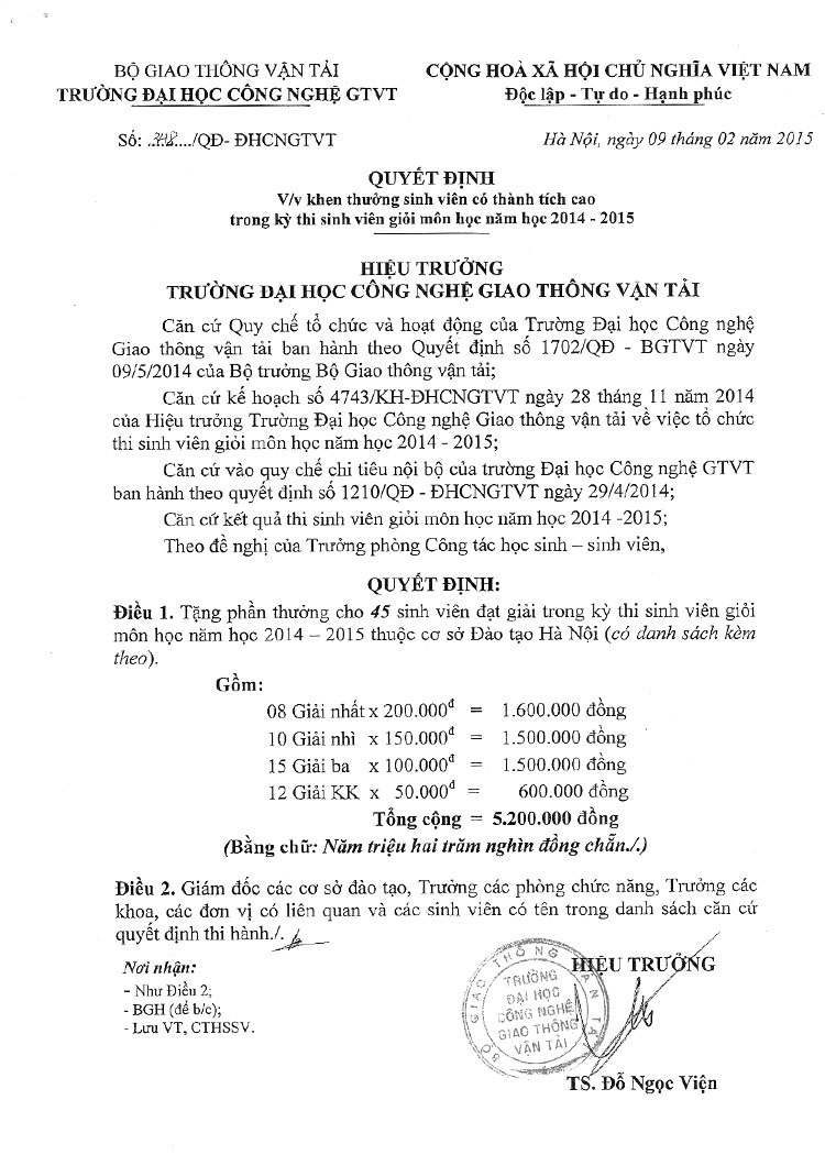 Thông báo Khen thưởng sinh viên có thành tích cao trong kỳ thi sinh viên giỏi môn học năm học 2014-2015