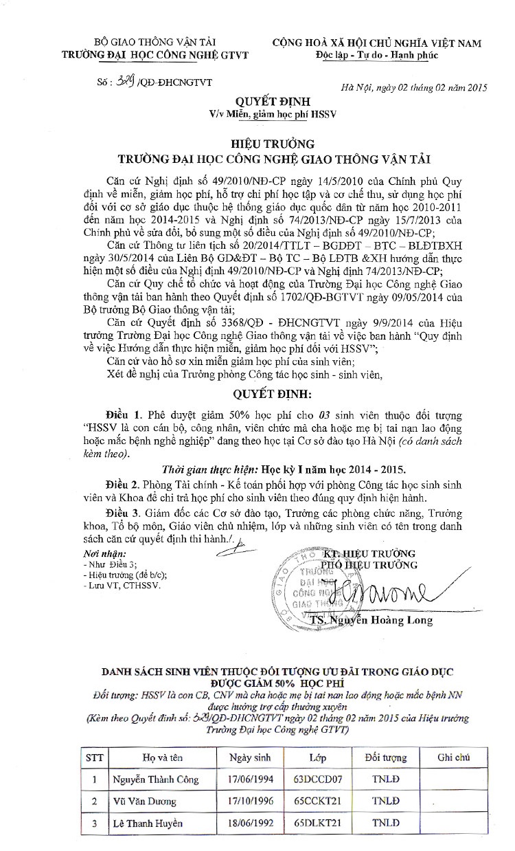 Thông báo danh sách Miễn, giảm học phí HS-SV năm học 2014-2015