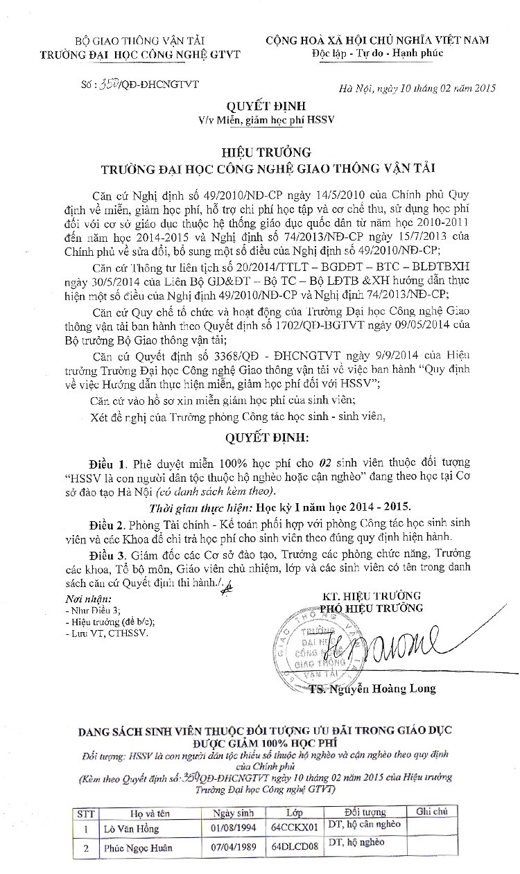Thông báo danh sách Miễn, giảm học phí HS-SV năm học 2014-2015