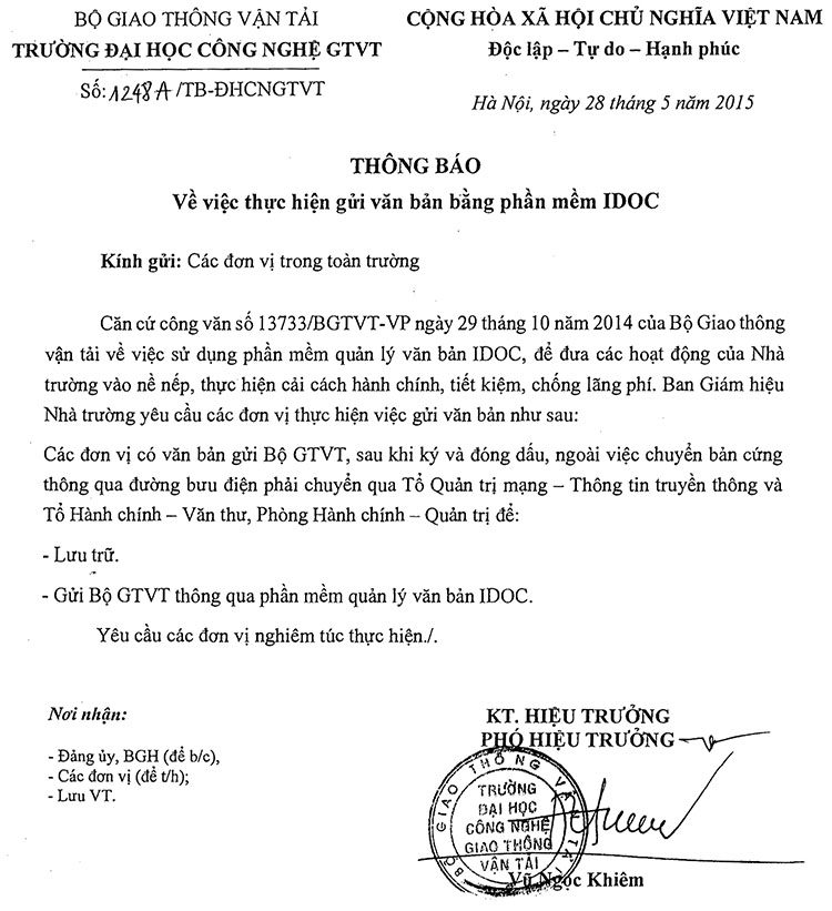 Thông báo Thực hiện gửi văn bản bằng phần mềm IDOC