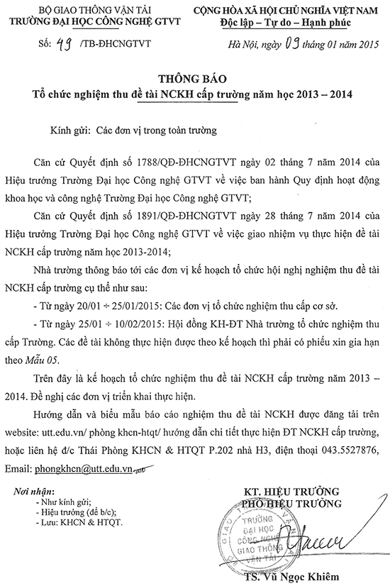 Hướng dẫn tổ chức nghiệm thu đề tài nghiên cứu khoa học cấp trường năm học 2013-2014