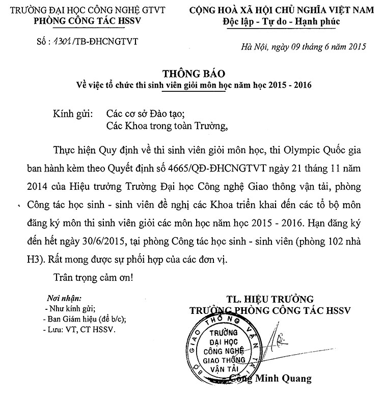 Thông báo tổ chức thi sinh viên giỏi môn học năm học 2015 - 2016