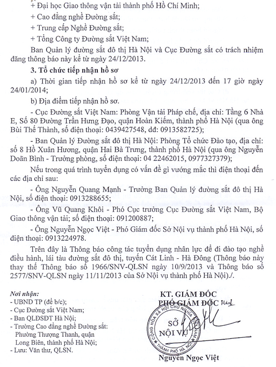 Thông báo tuyển dụng điều hành, lái tàu