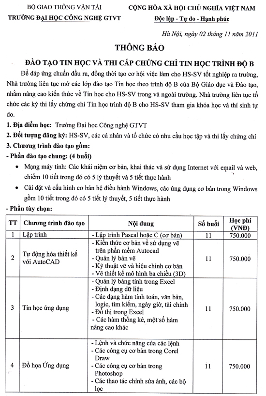 Thông báo đào tạo tin học và thi cấp chứng chỉ tin học trình độ B