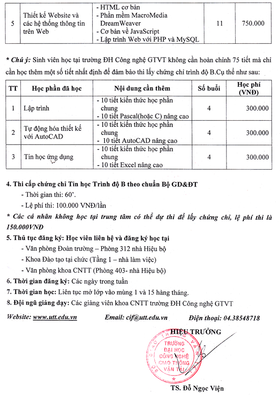 Thông báo đào tạo tin học và thi cấp chứng chỉ tin học trình độ B