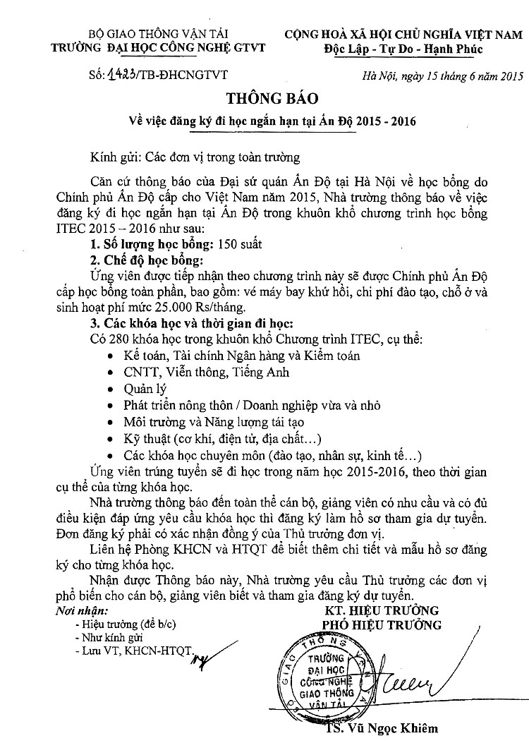 Thông báo đăng ký đi học ngắn hạn tại Ấn Độ 2015 - 2016