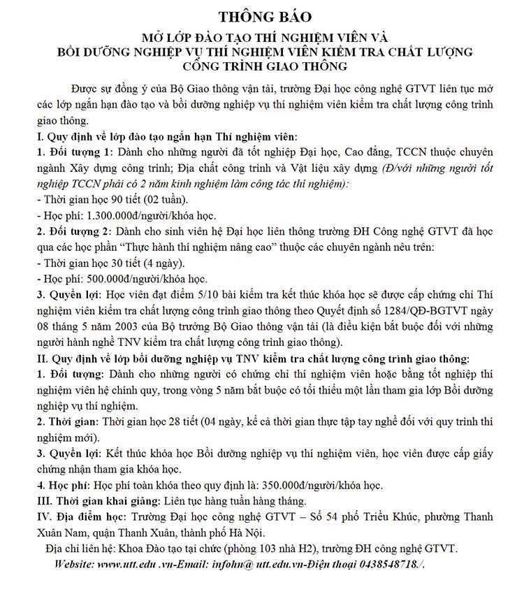 Mở lớp đào tạo Thí nghiệm viên và Bồi dưỡng nghiệp vụ thí nghiệm viên kiểm tra chất lượng công trình giao thông