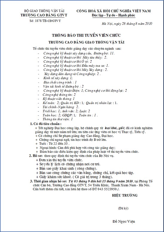 Thông báo thi tuyển viên chức trường Cao đẳng GTVT