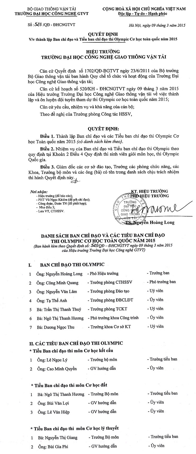 Thành lập Ban chỉ đạo và Tiểu ban chỉ đạo thi Olympic Cơ học toàn quốc năm 2015