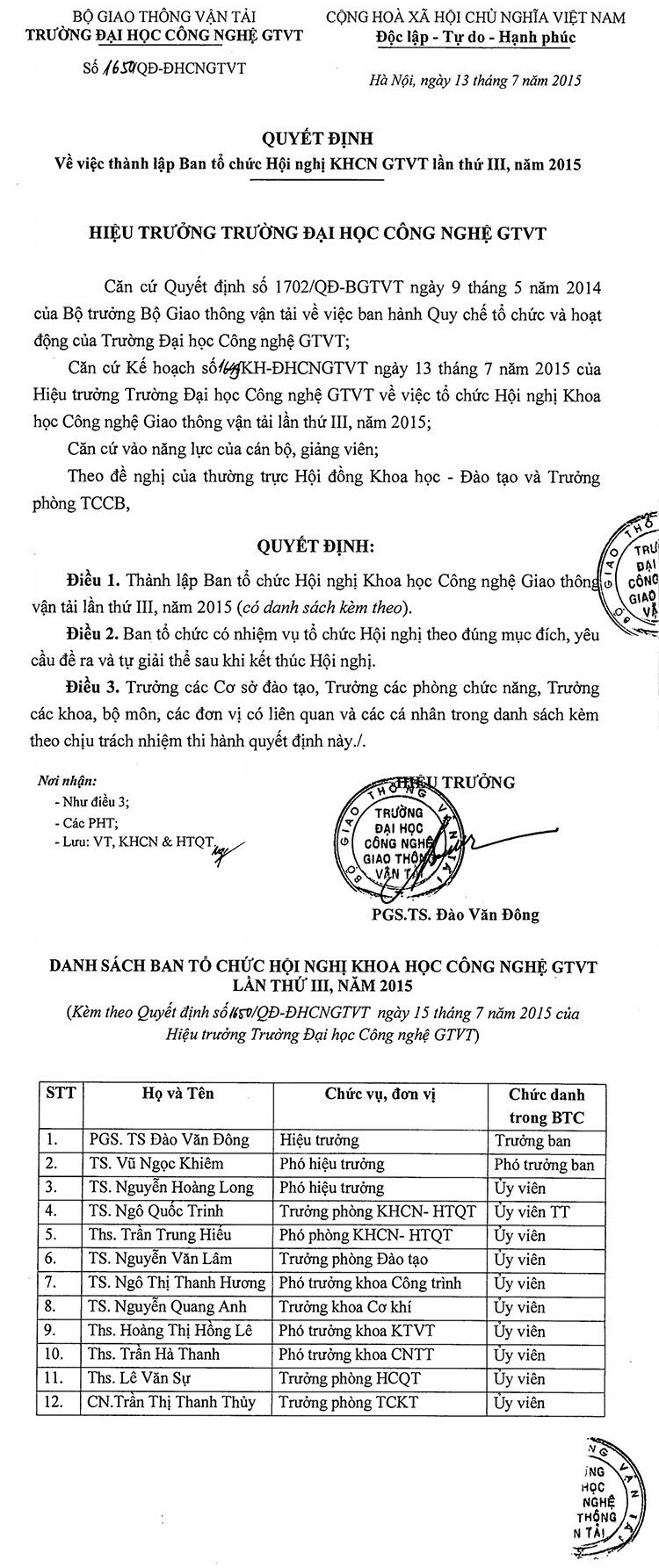 Thành lập Ban tổ chức Hội nghị KHCN GTVT lần thứ III năm 2015