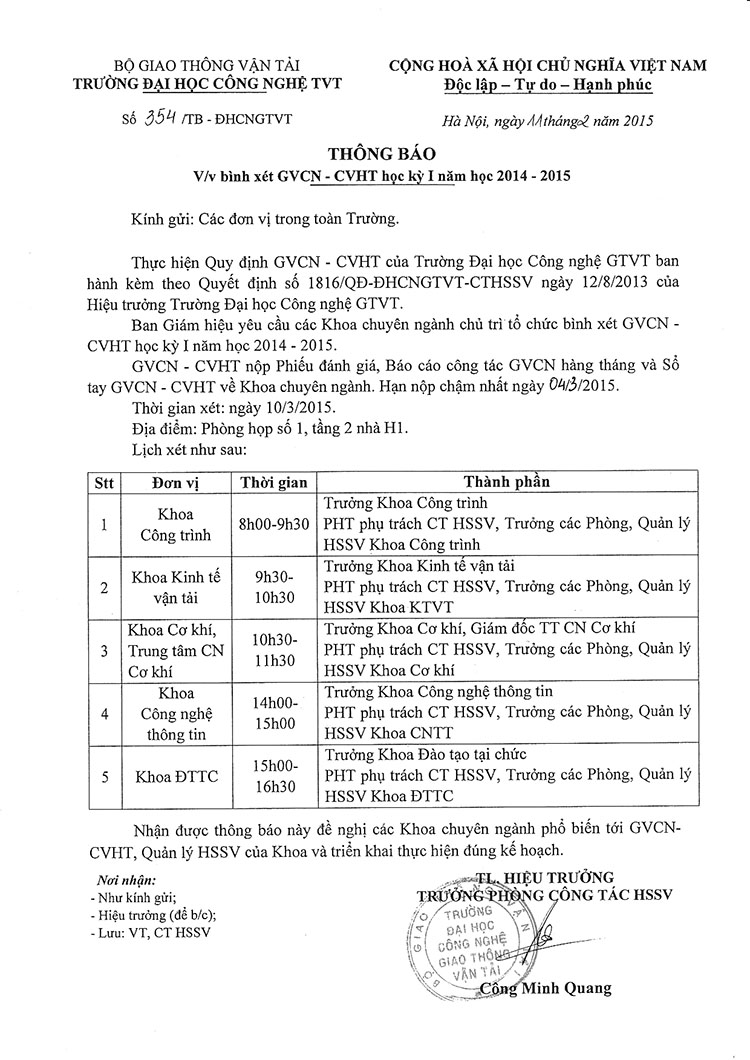 Thông báo bình xét GVCN-CVHT học kỳ 1 năm học 2014 - 2015
