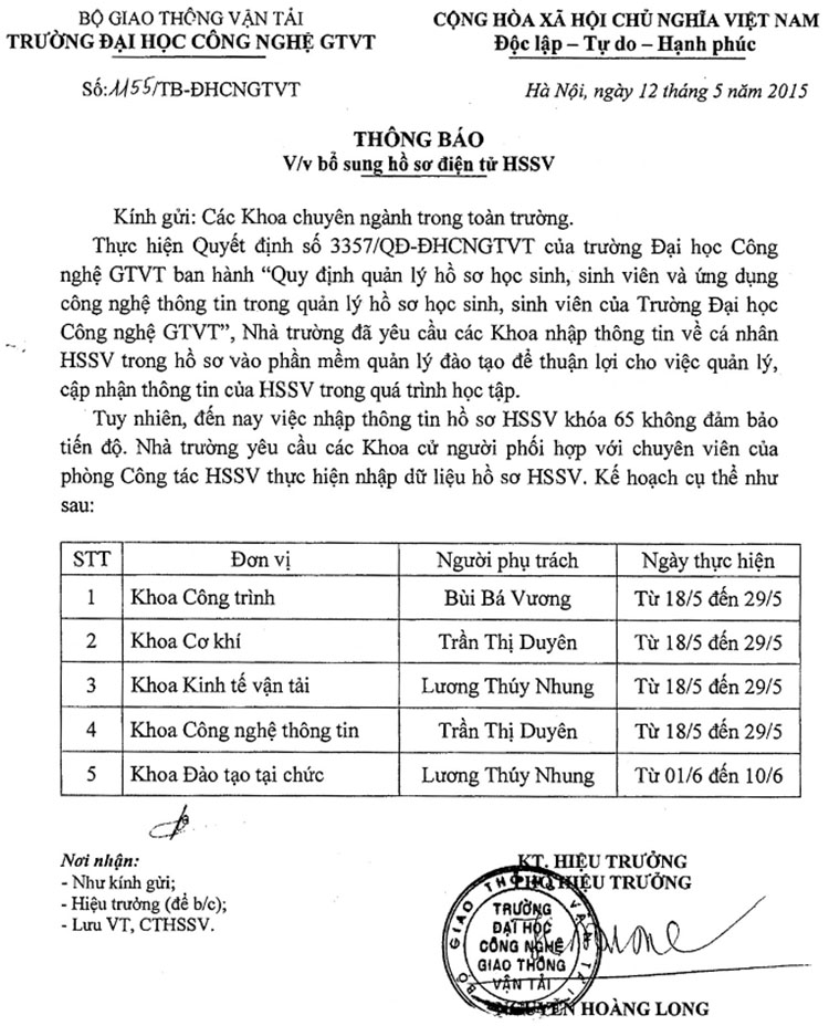 Thông báo bổ sung hồ sơ điện tử HSSV năm 2015