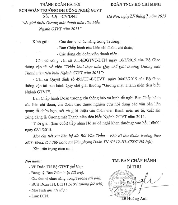 Thông báo giới thiệu Gương mặt thanh niên tiêu biểu Ngành GTVT năm 2015