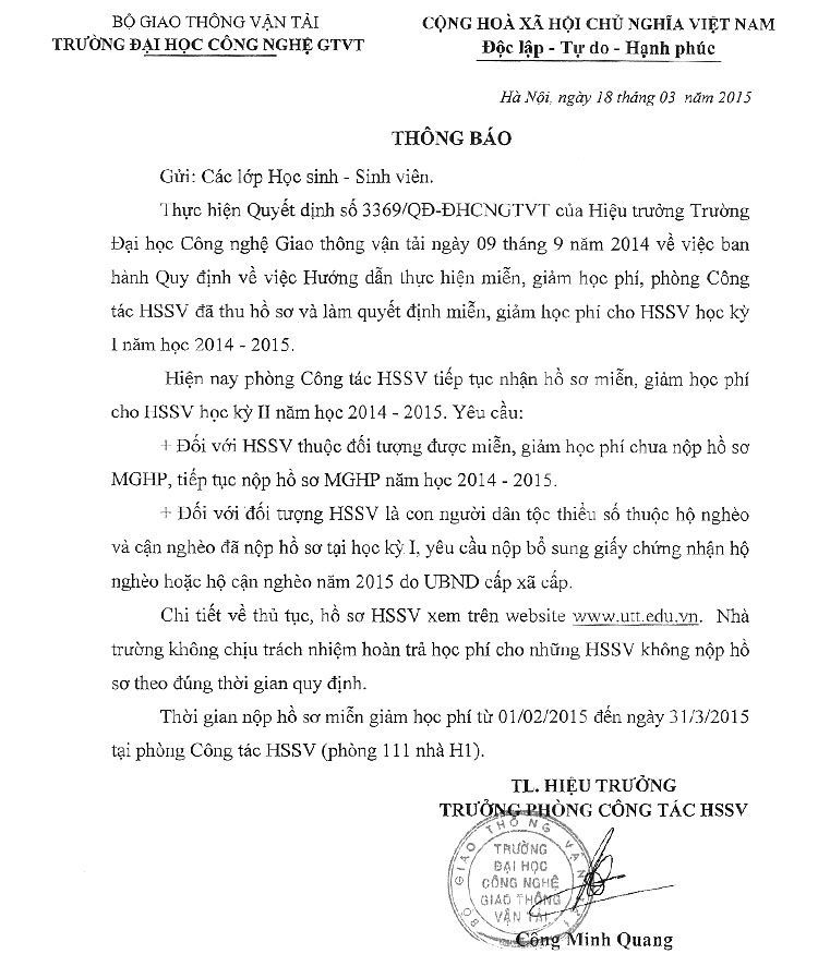 Thông báo Hướng dẫn thực hiện miễn, giảm học phí cho HSSV học kỳ I năm học 2014-2015